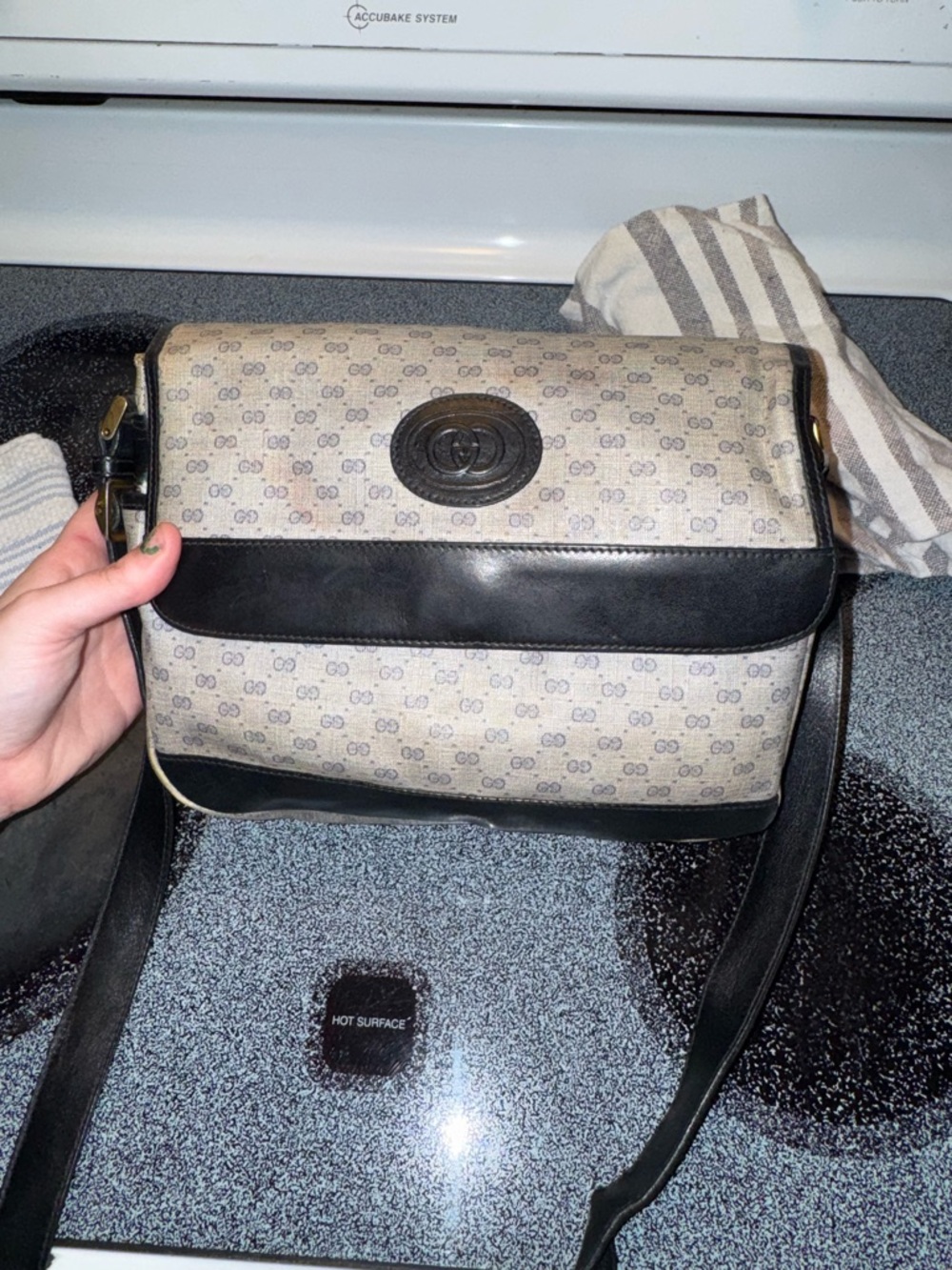 VTG Gucci Micro GG Logo Canvas & Navy Leather Crossbody Shoulder Bag - Picture 6 of 12